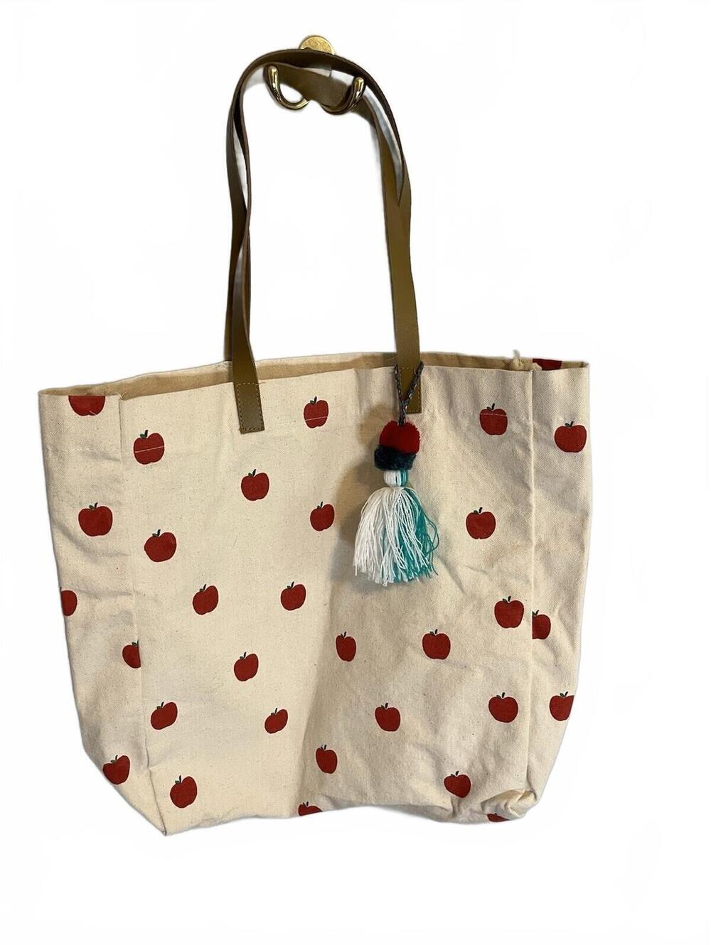 Canvas Pom-pom Tote Bag Apples Design Teacher Back to School Large Boho Cottage